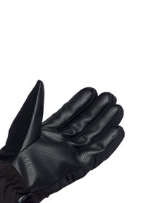 Zwarte handschoenen met een gestructureerde, geperforeerde palm en een gladde zwarte stofmanchet. Het ontwerp omvat vijf vingers en een getailleerde silhoutte.