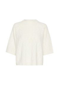 Pull en tricot blanc avec des manches courtes et larges, présentant un motif de câble texturé et un col rond. Matière douce et légère.