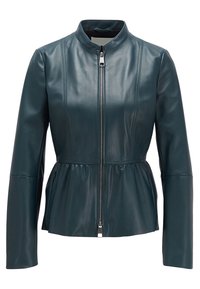 Teal leather jacket featuring a stand collar, front zipper, and peplum waist, with panel stitching and long sleeves. Smooth texture.