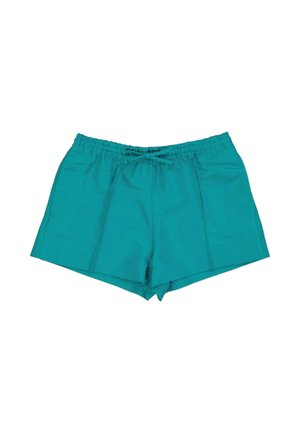 Pantalones cortos con cintura elástica turquesa, cordón delantero y costuras laterales, colocados planos sobre un fondo blanco.