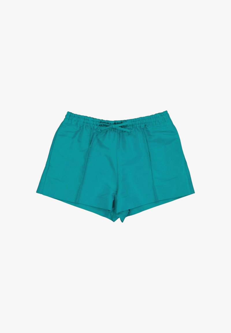 Short turquoise avec ceinture élastique, cordon de serrage à l'avant et coutures latérales, posé à plat sur fond blanc.