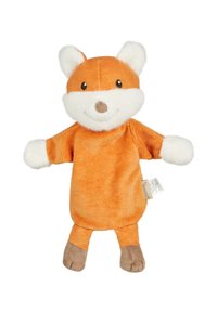 Plush fox toy with orange corduroy body, white facial features, brown paws, and a smiling expression. Soft texture suitable for children.