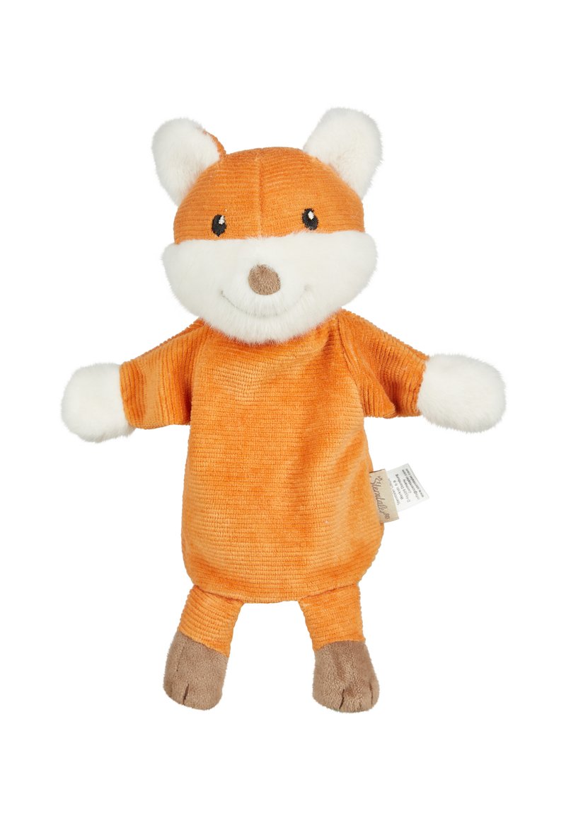 Plush fox toy with orange corduroy body, white facial features, brown paws, and a smiling expression. Soft texture suitable for children.