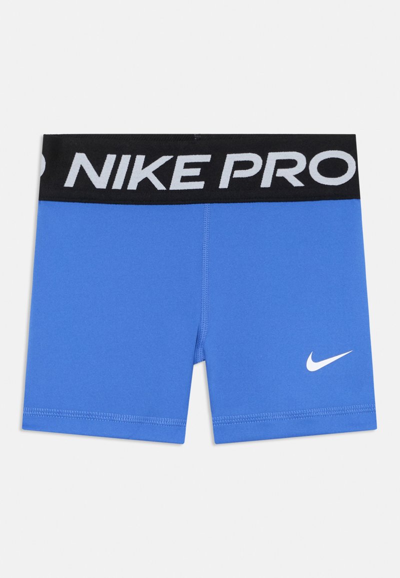Pantalones cortos deportivos azules con una banda elástica negra que lleva "NIKE PRO" en texto blanco y un pequeño logo blanco de Nike en la pierna izquierda.