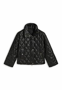 Czarna pikowana kurtka z wysokim kołnierzem, zapięciem na zatrzaski oraz dwoma przednimi kieszeniami. Wykonana z błyszczącego, lekkiego materiału.