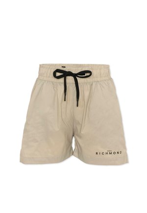 Costumi da bagno beige da uomo con vita elastica, coulisse nera e logo "John Richmond" sulla parte inferiore della gamba sinistra.
