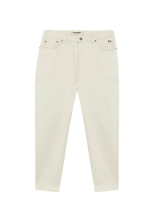 Jeans dritti off-white con tasche frontali, passanti per cintura, chiusura con bottone e un piccolo etichetta logo sulla tasca destra.