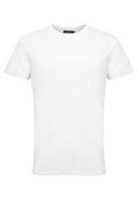 Einfaches weißes Kurzarm-T-Shirt aus Baumwolle mit Rundhalsausschnitt und Standardpassform, dargestellt vor weißem Hintergrund.