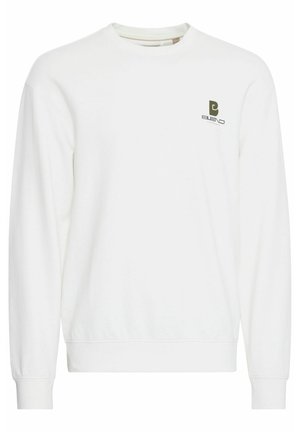 Hvit hettegenser laget av bomull. Har rund hals, lange ermer, ribbede mansjetter og linning, med en liten grønn logo på brystet.