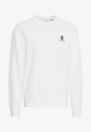 Hvit hettegenser laget av bomull. Har rund hals, lange ermer, ribbede mansjetter og linning, med en liten grønn logo på brystet.