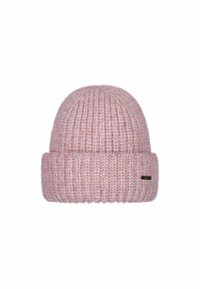 Soft pink knitted beanie hat with a folded brim and a small black rectangular label on the side, set against a white background.
