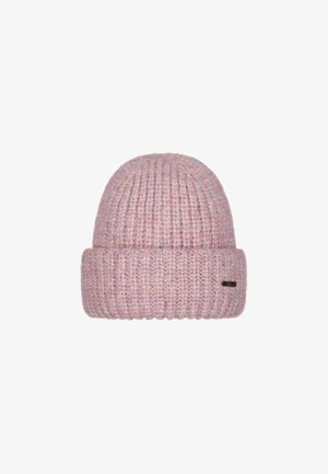 Soft pink knitted beanie hat with a folded brim and a small black rectangular label on the side, set against a white background.