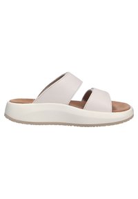 Sandalias deslizantes de un beige claro con dos correas anchas, material de cuero suave, plantilla acolchada y una suela de plataforma blanca con un agarre texturizado.