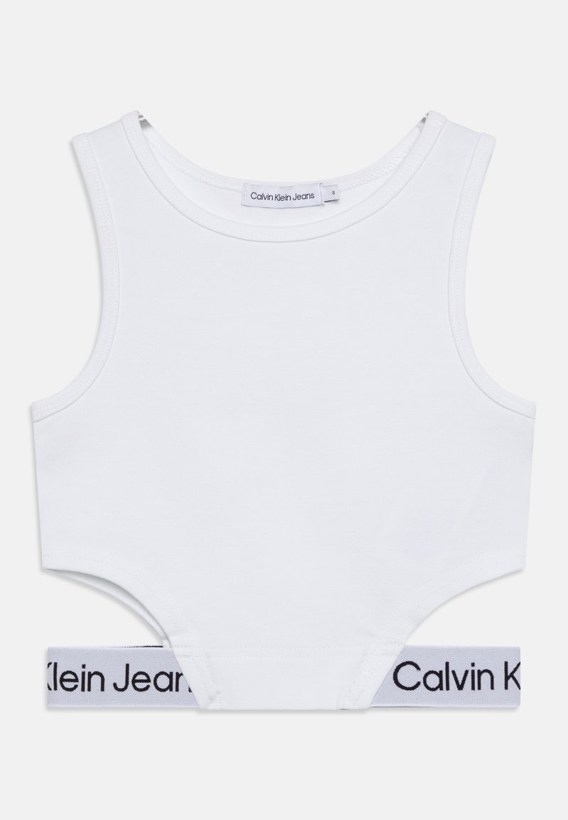 Wit katoenen crop top met brede bandjes en een geronde halslijn. Voorzien van een grijze elastische band met merknaam aan de zoom, die een sportief ontwerp benadrukt.