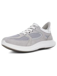 Light gray sneaker with white laces, mesh panels, suede overlays, and a white cushioned sole angled to the right on a white background.