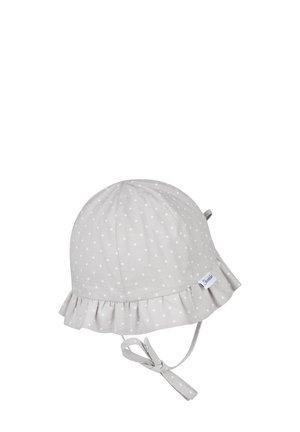 Light gray baby sun hat with white polka dots, ruffled brim, and chin straps tied in a bow.