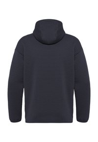 Veste matelassée bleu marine avec capuche, vue de dos, dotée de manches longues et d'un motif en quadrillage texturé.