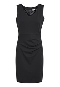 Czarna, bezrękawnikowa sukienka z dekoltem w kształcie litery V, fakturowanym górnym materiałem, marszczeniem w talii oraz ukrytym zapięciem z tyłu. Gładki materiał.