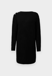 Vestido de malha preto com mangas longas, decote arredondado e três botões decorativos prateados no ombro. Textura suave.