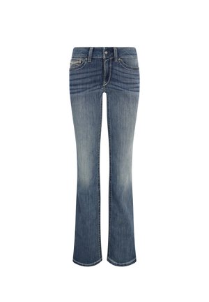 Blaue Jeans aus Denim mit einem ausgestellten Bein-Design, mittelhoher Bundhöhe, subtiler Verwaschung und Kontrastnähten an den Taschen.