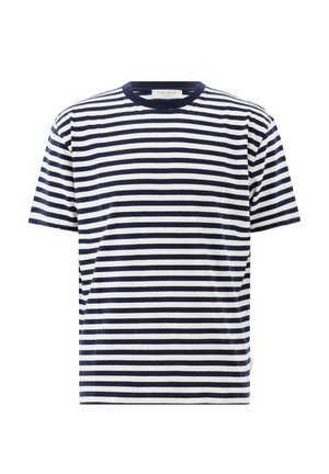 Kurzärmeliges T-Shirt mit horizontalen Marineblau- und Weiß-Streifen, Rundhalsausschnitt, schlichtem Design und Etikett im Krageninneren.