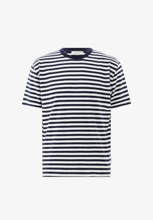 Navy and white horizontally striped short-sleeve t-shirt with crew neck, plain design, and label inside collar.