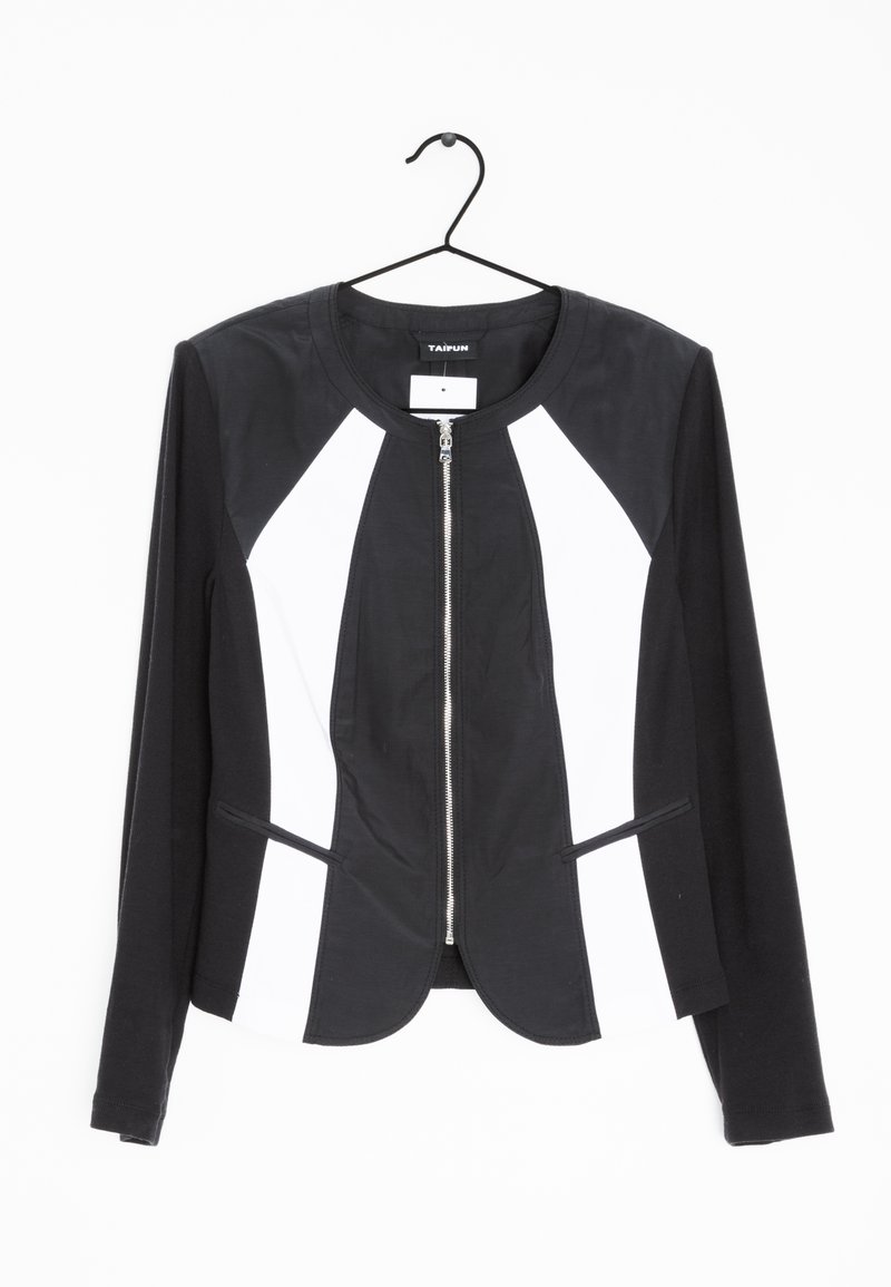 Schwarze und weiße, taillierte Jacke aus dehnbarem Material, mit Reißverschluss vorne, rundem Kragen und zwei horizontalen Fronttaschen.