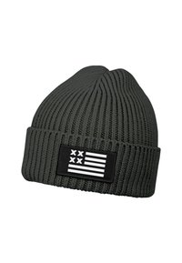 Dark gray knit beanie with a ribbed texture, featuring a black patch with a white graphic of a stylized flag design.
