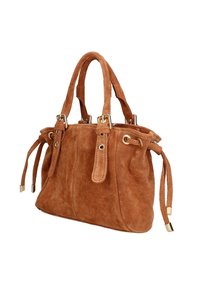 Borsa in suede marrone con doppi manici, dettagli in oro e coulisse regolabili sui lati. Texture morbida e forma strutturata.