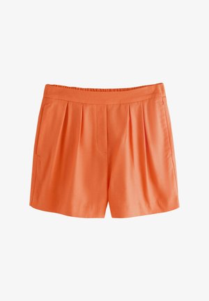 Narancssárga, magasderekú rövidnadrágok elöl hajtásokkal és oldalzsebekkel, könnyű anyagból és sima derékpánttal.