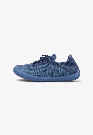 Breathable navy blue athletic shoe with a textured knit upper, elastic laces, and a flexible rubber sole for grip and comfort.