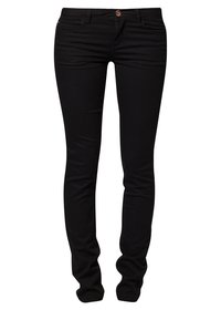 Svarta smala jeans i denim med knäppning framtill, bälteshällor och två fickor. Slät textur med en figurnära passform.