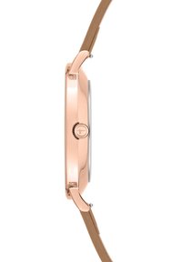 Uhr aus roségoldenem Metall mit poliertem Gehäuse, glattem silbernem Zifferblatt und einem hellbraunen Lederarmband. Besitzt einen seitlichen Knopf mit strukturiertem Akzent.