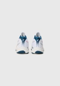 White athletic shoes with a blue heel and accents, featuring a textured mesh upper, rear pull tab, and a curved outsole design.
