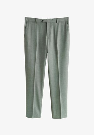 Világosszürke nadrág gombbal és cipzárral, oldalzsebekkel és övbújtatókkal, fehér háttér előtt, laposan elrendezve.