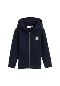 Marineblauer Reißverschluss-Hoodie aus weichem Baumwollmix mit einer Vorderseite-Tasche, gerippten Bündchen und einem quadratischen Smiley-Logo auf der linken Brust.