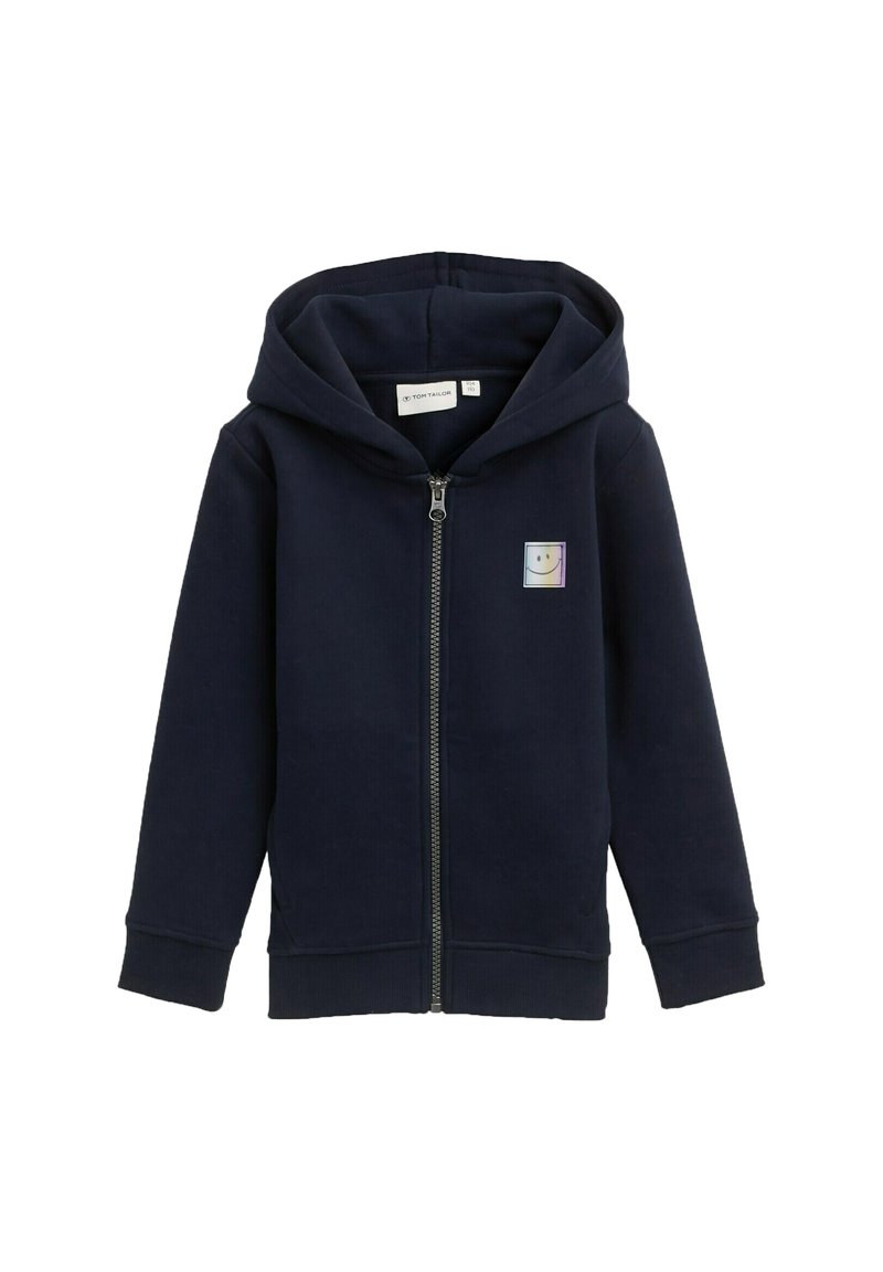 Marineblauer Reißverschluss-Hoodie aus weichem Baumwollmix mit einer Vorderseite-Tasche, gerippten Bündchen und einem quadratischen Smiley-Logo auf der linken Brust.