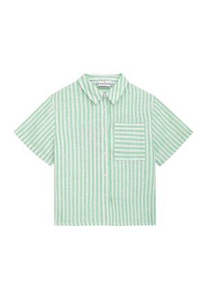 Kurzärmliges Hemd mit durchgehender Knopfleiste in grünen und weißen vertikalen Streifen, mit Kragen und einer Brusttasche mit horizontalem Streifenmuster.