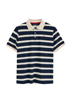 Short-sleeve polo shirt with navy and cream stripes, collar, three-button placket, and red logo accent on the chest. Cotton material.