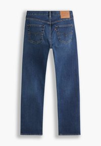 Donkerblauwe denim jeans met een recht model, voorzien van twee achterzakken met stiksel details en een merken leren label op de tailleband.