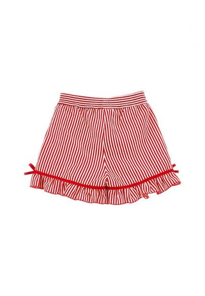 Pantaloni corti a righe rosse e bianche realizzati in tessuto leggero, con un orlo arricciato e fiocchi decorativi sui lati. Vita elasticizzata.