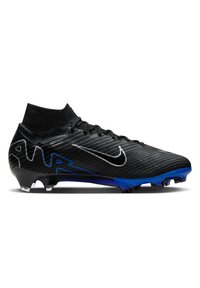 Black soccer cleat with a textured upper, featuring a knit collar, silver and blue accents, and a blue-to-black gradient sole.