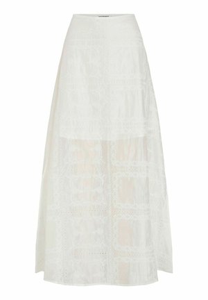 Jupe blanche longue jusqu'à la cheville avec des motifs de dentelle florale disposés en panneaux carrés et une taille cintrée.