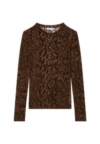 Camicia a maniche lunghe marrone in tessuto morbido con un motivo a stampa leopardata nei toni del marrone. Collo a giro senza hardware visibile.