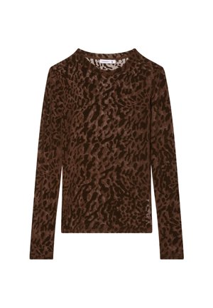 Camicia a maniche lunghe marrone in tessuto morbido con un motivo a stampa leopardata nei toni del marrone. Collo a giro senza hardware visibile.