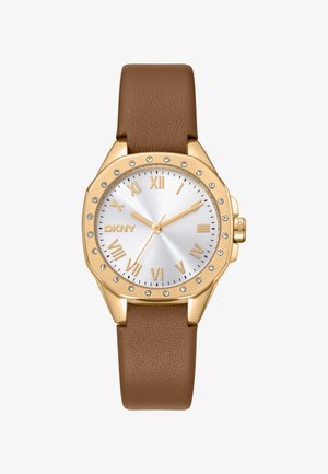 DKNY-Uhr mit silbernem Zifferblatt, goldfarbigen Stundenmarkierungen und mit Juwelen besetzter Lünette, ausgestattet mit einem braunen Lederarmband und einem achteckigen Gehäusedesign.