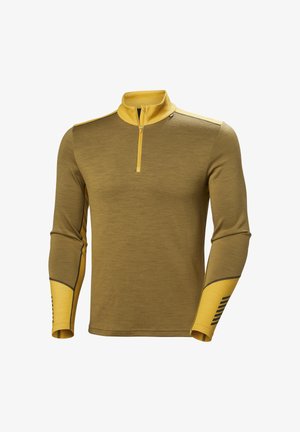 Dlouhá rukávová mikina v olivově zelené barvě se žlutým límcem a akcenty. Disponuje zipovým výstřihem a strukturovanou tkaninou s pruhovanými detaily na rukávech.