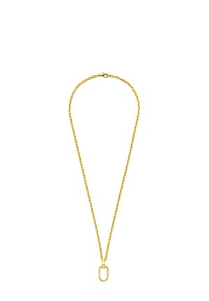 Goldene Halskette mit ovalem Anhänger und Karabinerverschluss auf weißem Hintergrund.