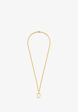 Goldene Halskette mit ovalem Anhänger und Karabinerverschluss auf weißem Hintergrund.