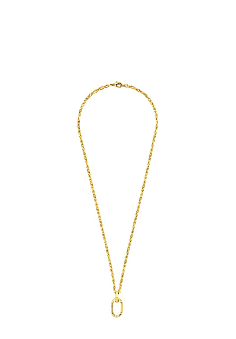 Goldene Halskette mit ovalem Anhänger und Karabinerverschluss auf weißem Hintergrund.